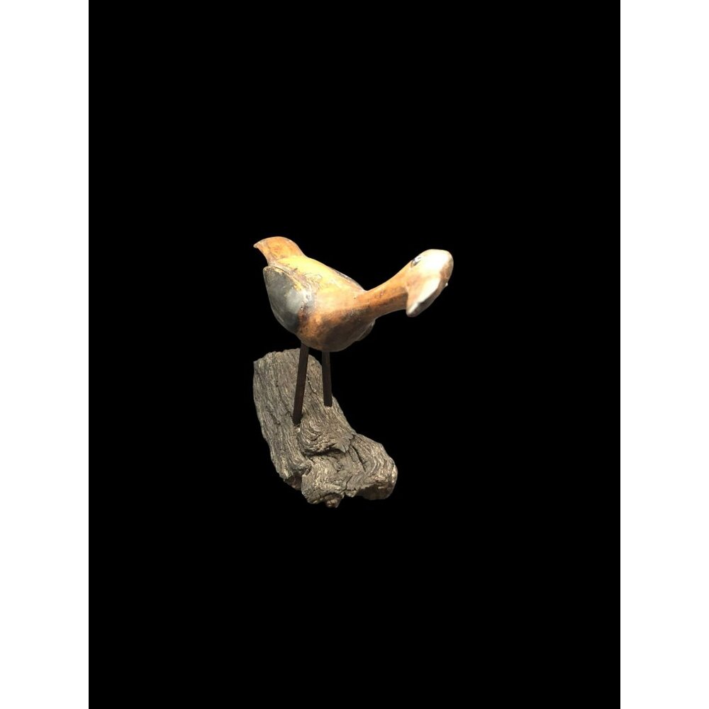 Hand-Carved Wooden Shore Bird With Turned Head On Rustic Driftwood Base 14"x8.5" - Picture 2 of 6